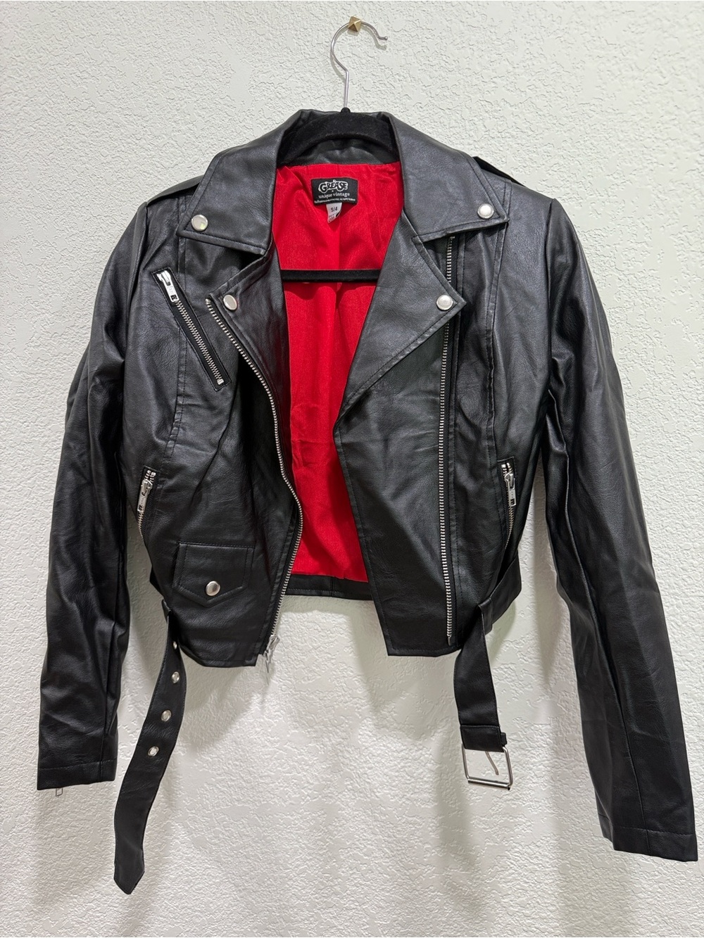 Grease X Unique Vintage Black Leather Moto Jacket with Red Lining